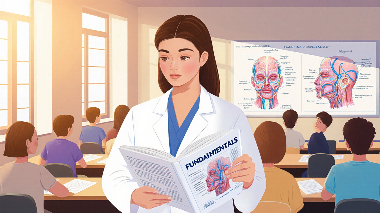 Медицинский студент изучает анатомию лица на лекции с диаграммами сосудов и нервов.