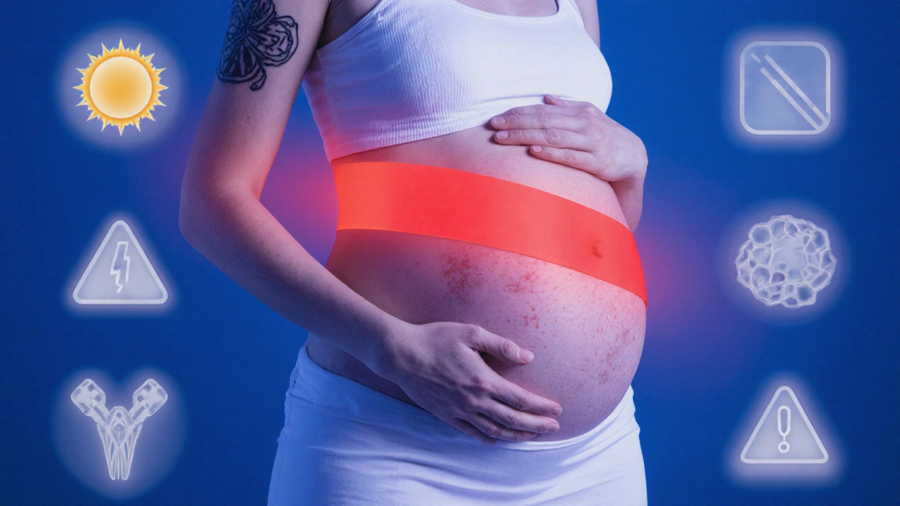 На животе беременной женщины — красный барьер, запрещающий лазерную процедуру.