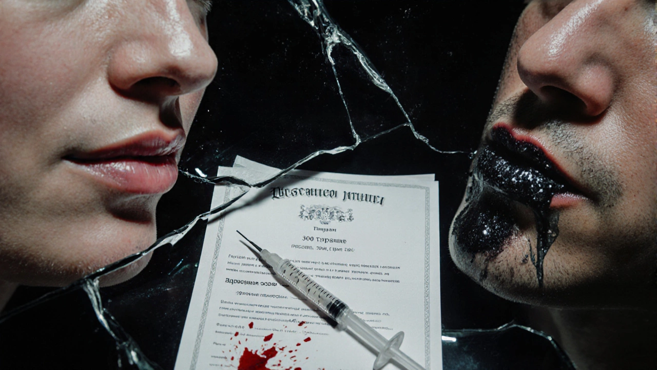 Разбитое зеркало с двумя лицами: красивым и некротическим, рядом шприц и чек.