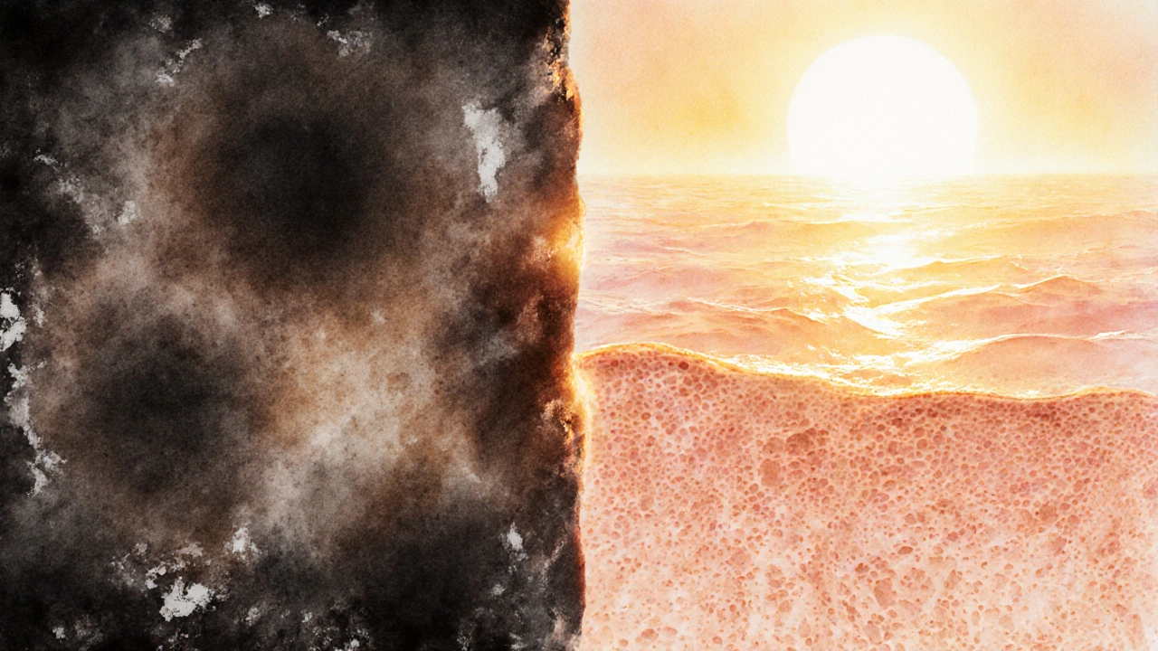 Схематичное изображение обновления кожи: старые пигментные пятна отшелушиваются, появляется новая кожа.