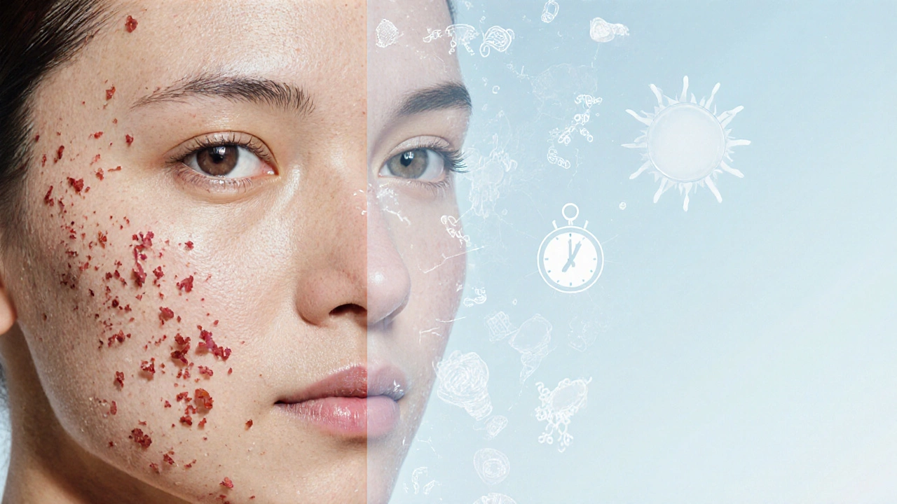 Сравнение здоровой кожи после лечения и факторов, вызывающих акне: стресс, гормоны, питание.