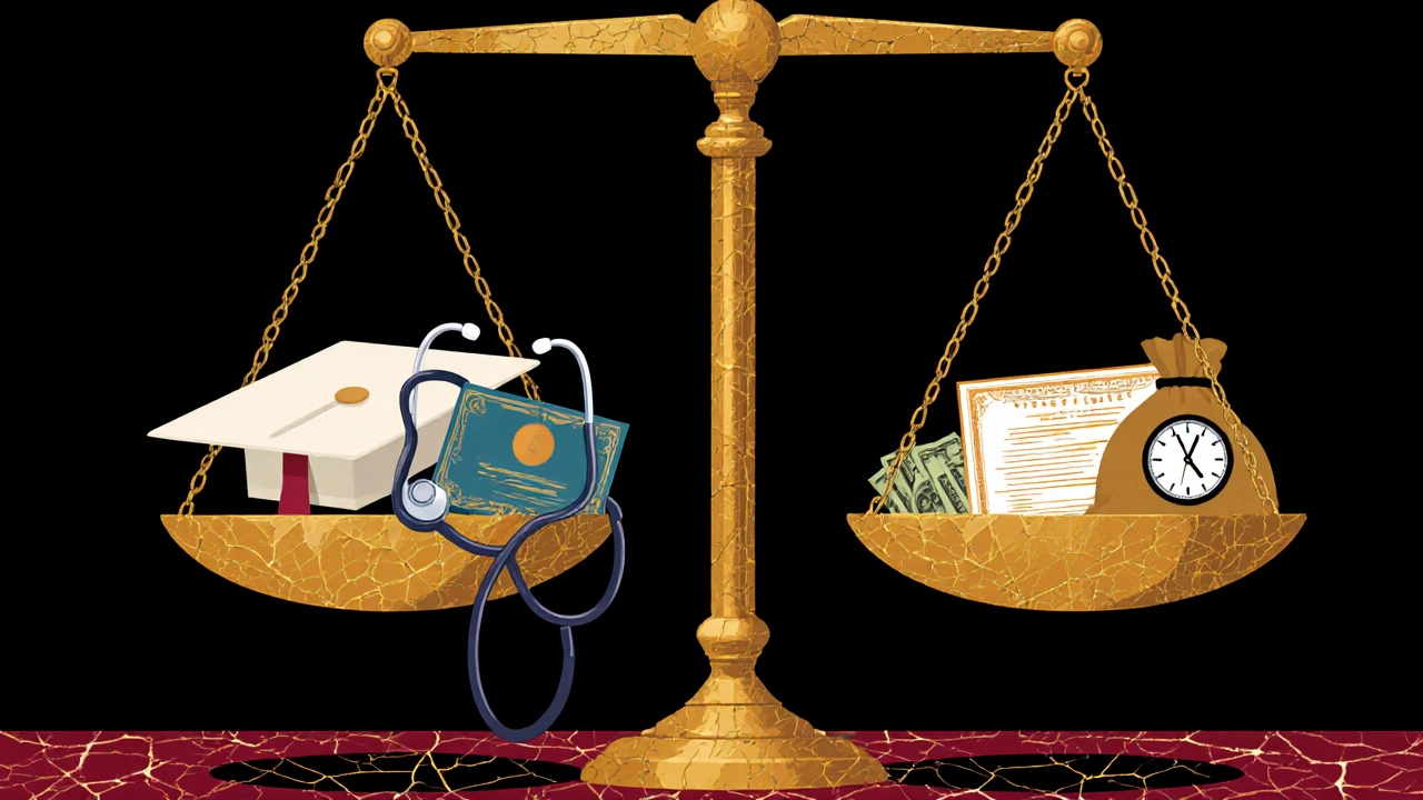 Весы с дипломом и медицинской лицензией против фальшивых сертификатов и денег.