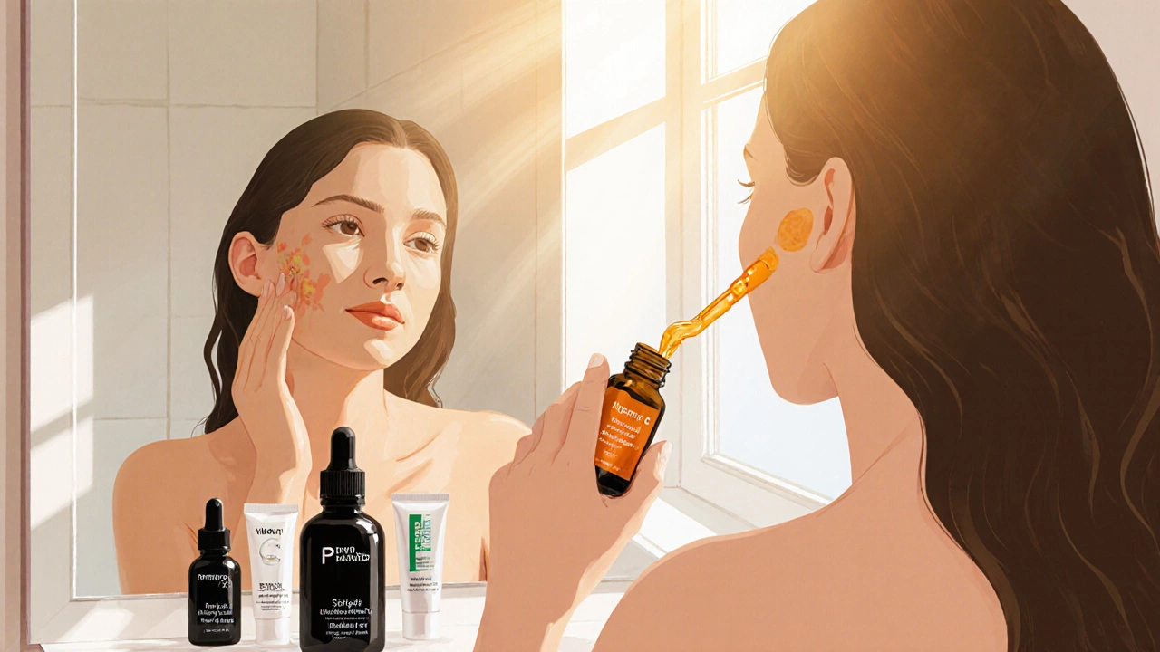 Женщина наносит сыворотку с витамином С утром перед зеркалом с солнечным светом.