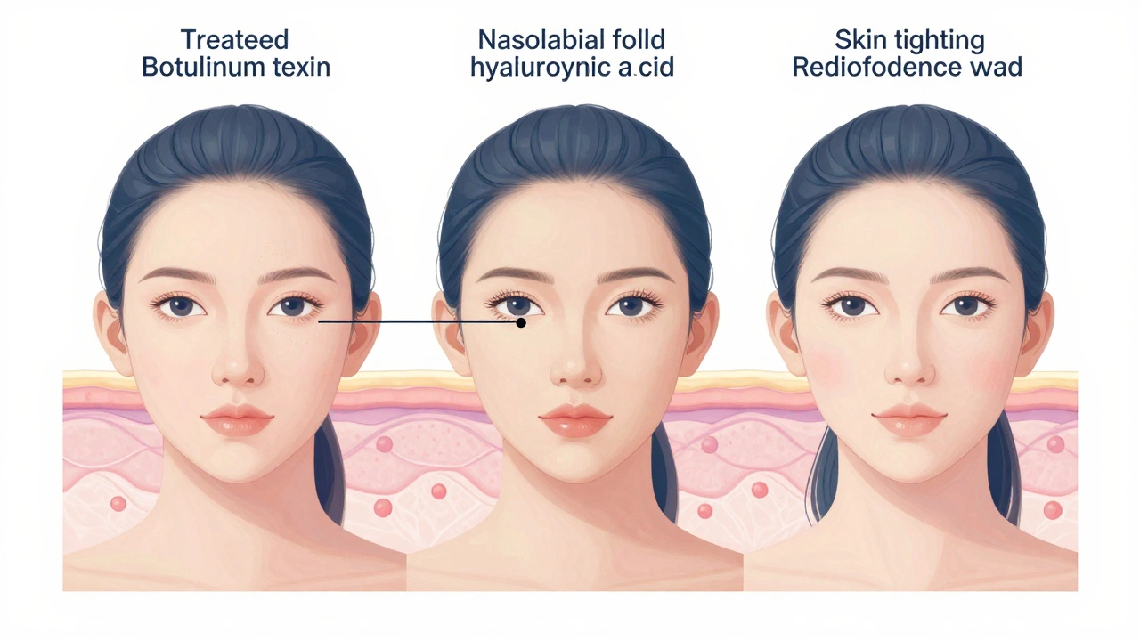 Анатомическая иллюстрация лечения морщин: ботокс, филлеры и радиочастотный лифтинг.