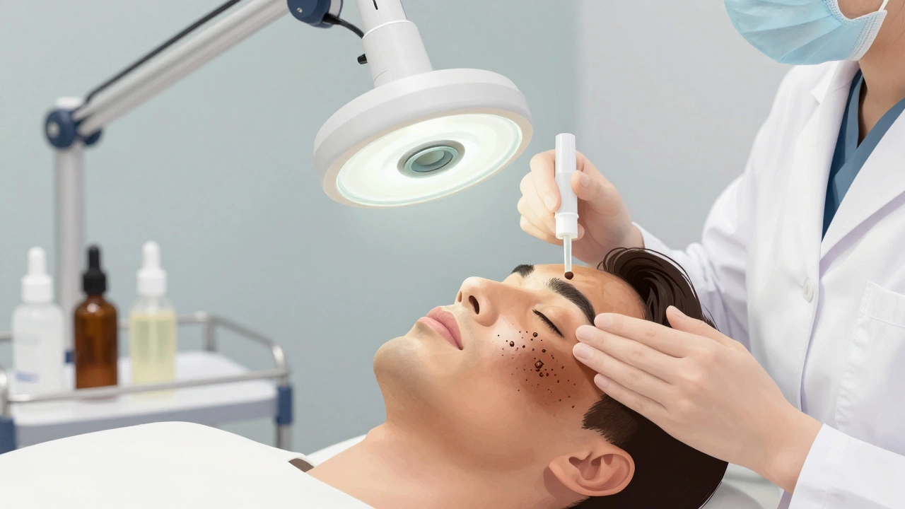 Дерматолог наносит химический пилинг на лицо пациента в клинической обстановке.