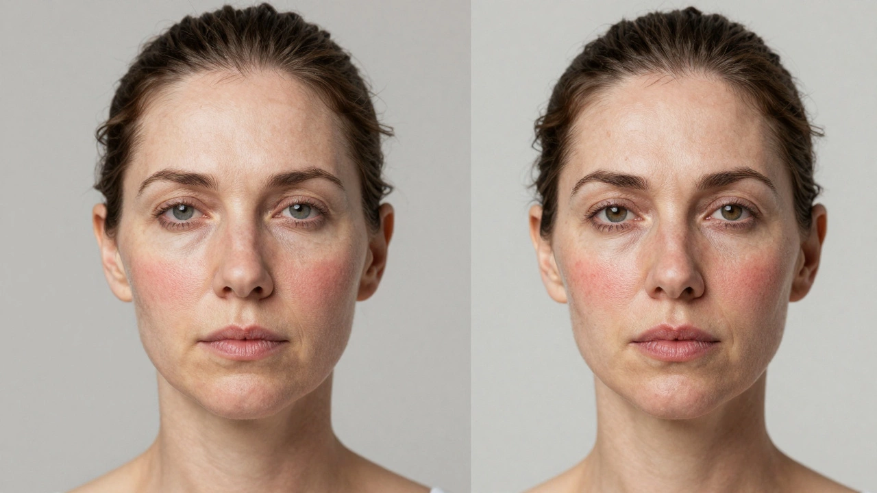 Две женщины: одна с провисанием щек, другая с улучшенной текстурой кожи — сравнение эффектов.