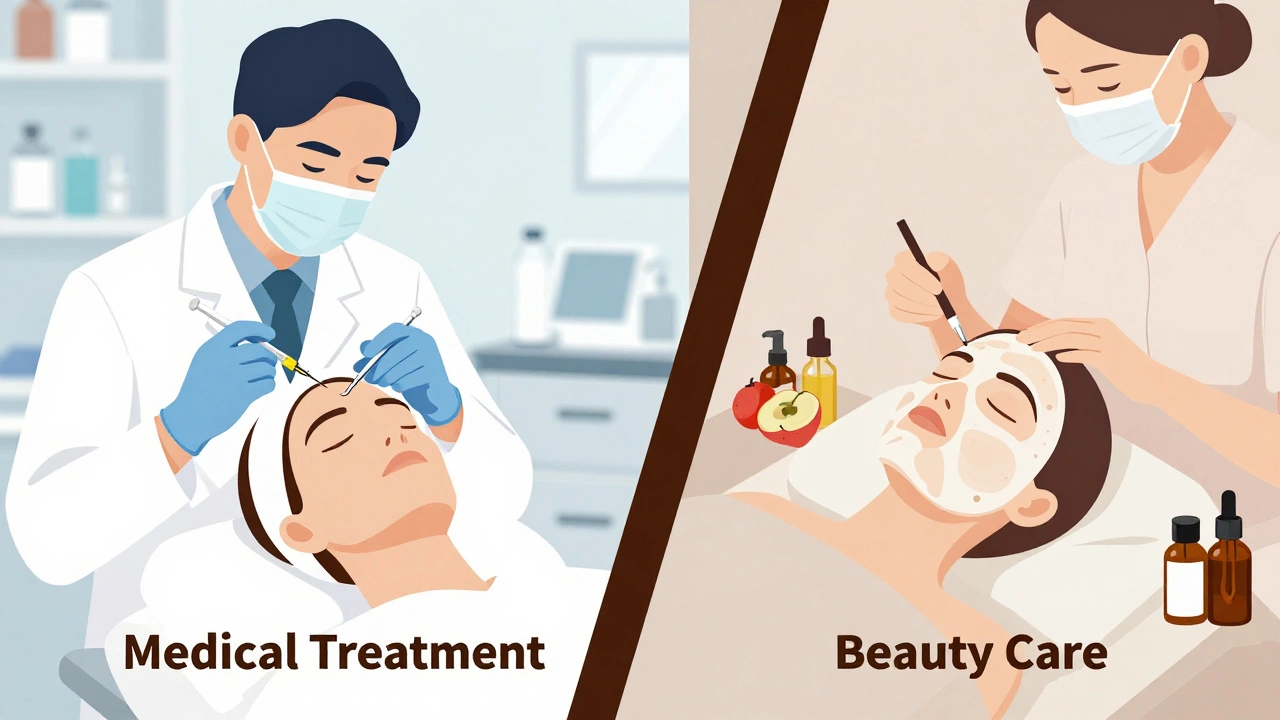 Двойная иллюстрация: врач делает инъекцию справа, эстетист — пилинг слева.