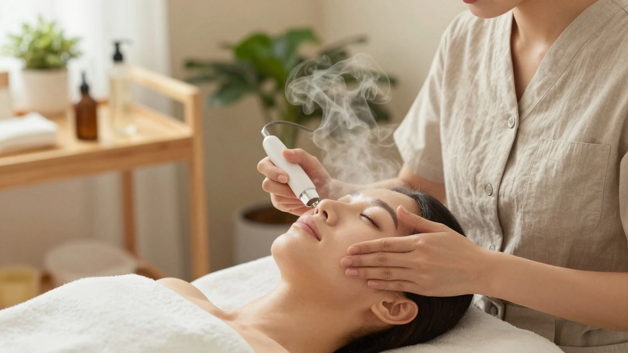 Эстетист проводит очищение лица с помощью ультразвукового аппарата в спа-салоне.