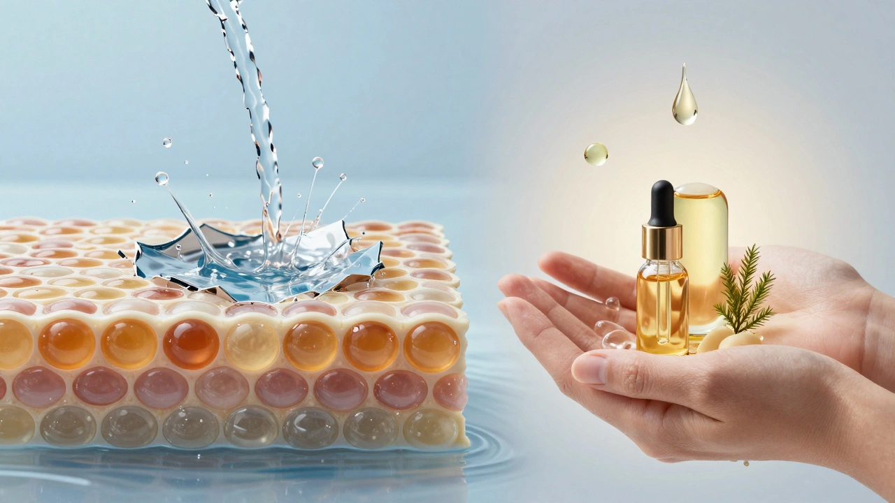 Концептуальное изображение защитного барьера кожи, разрушающегося и восстанавливающегося под действием средств.