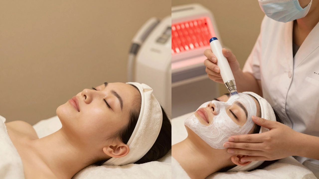 Косметолог выполняет комплексную процедуру ухода за лицом: ультразвук, вакуум и маска.