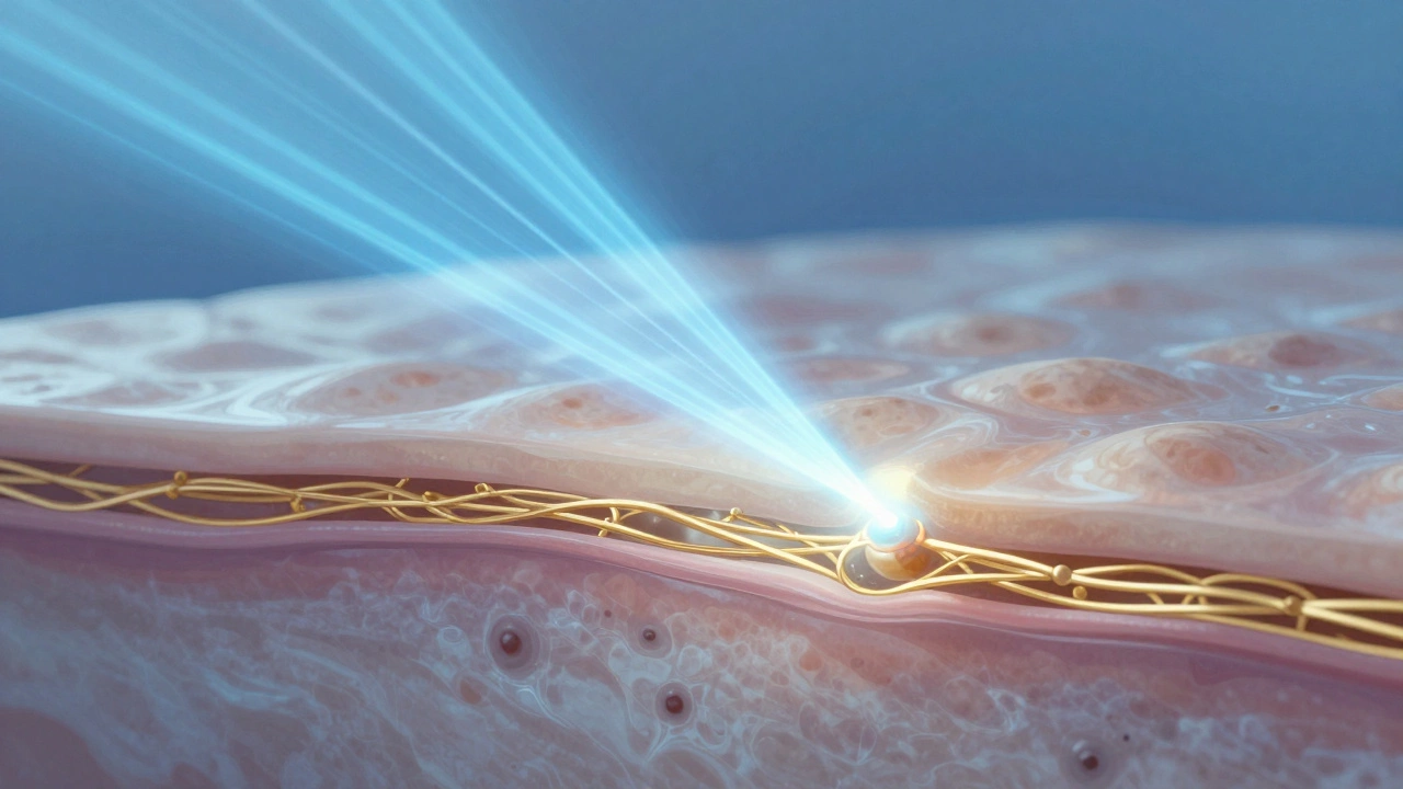 Лазерный луч проникает в кожу, стимулируя восстановление коллагена и улучшая текстуру.