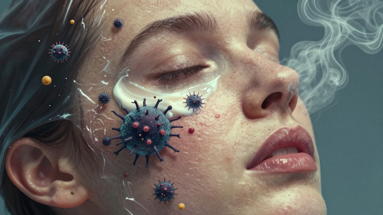 Микроскопические бактерии размножаются под тяжелым слоем косметики, повреждая кожу.