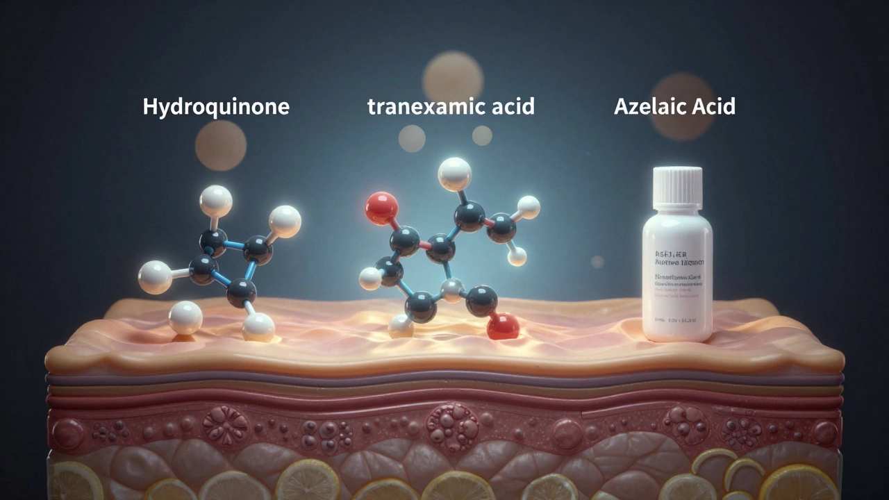 Молекулы активных ингредиентов проникают в кожу, уменьшая пигментацию, на фоне теней бесполезных средств.