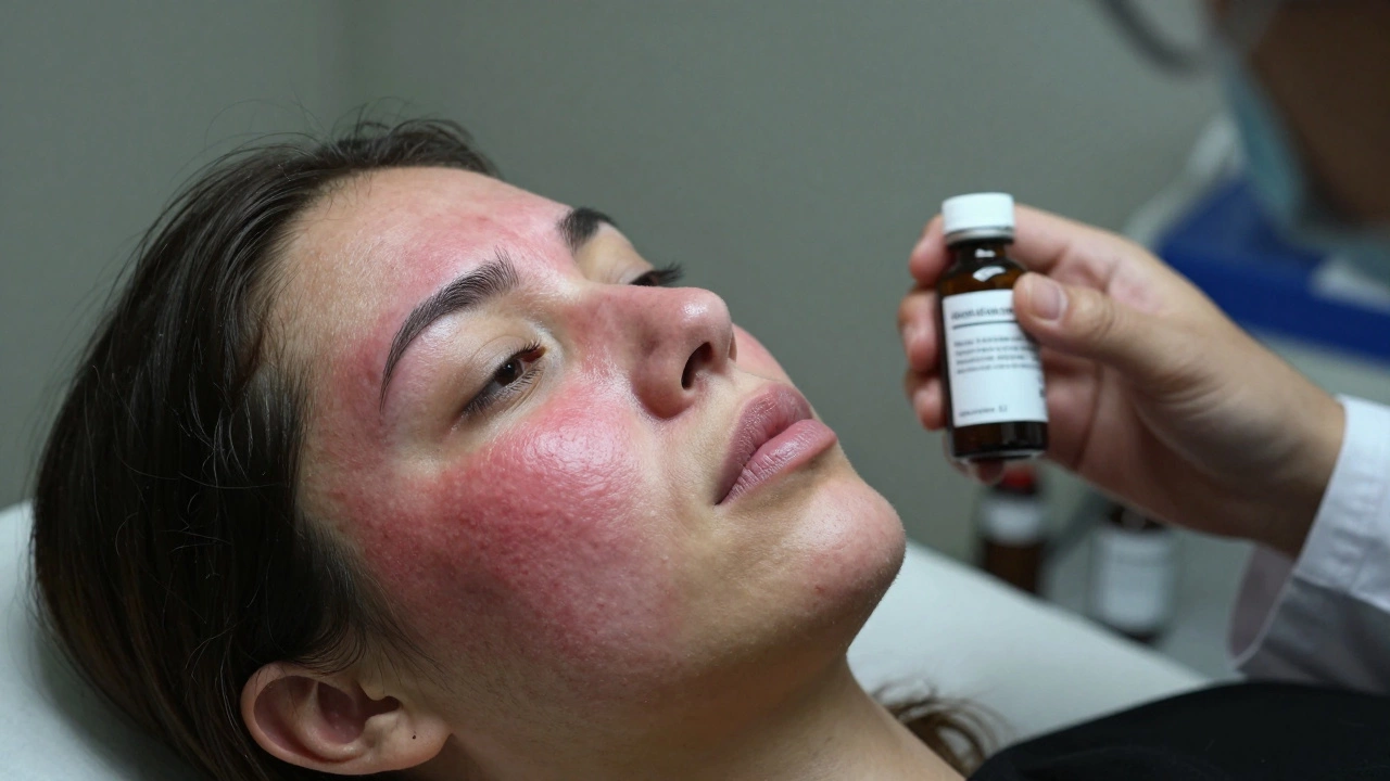 Сильное покраснение и отёк на лице после опасной процедуры, фон — уходящая фигура косметолога с незарегистрированным препаратом.