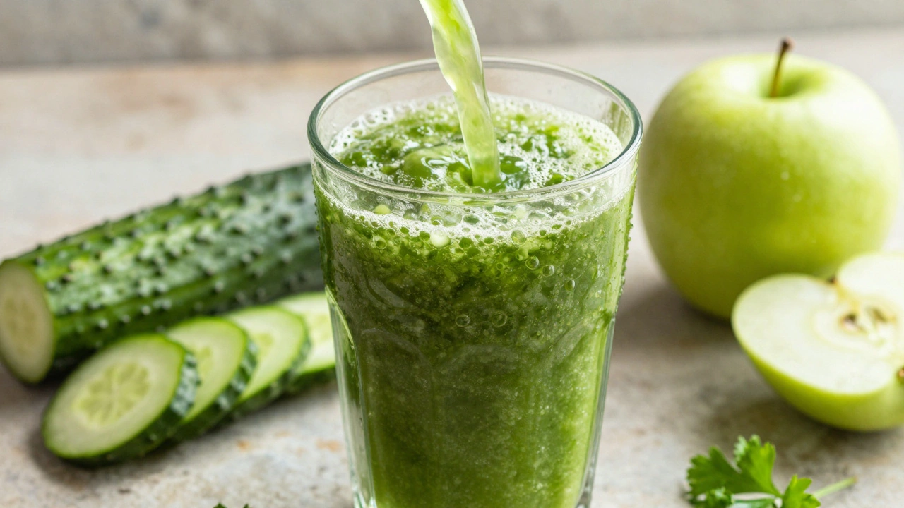 Смузи из огурца, яблока и петрушки в прозрачном стакане