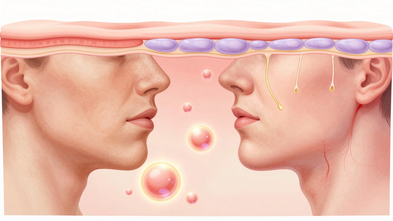 Сравнение кожи до и после эстетической процедуры с визуализацией клеточного восстановления.