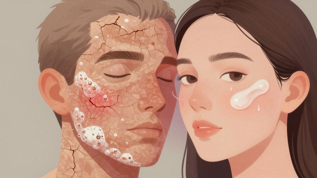 Сравнение повреждённой и здоровой кожи: одна сторона красная и шелушится, другая — гладкая и увлажнённая.