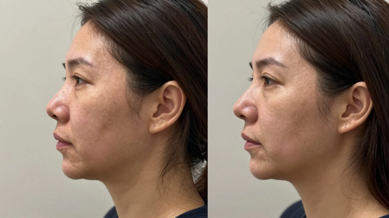 Сравнение профилей до и после лазерного подтягивания кожи подбородка.