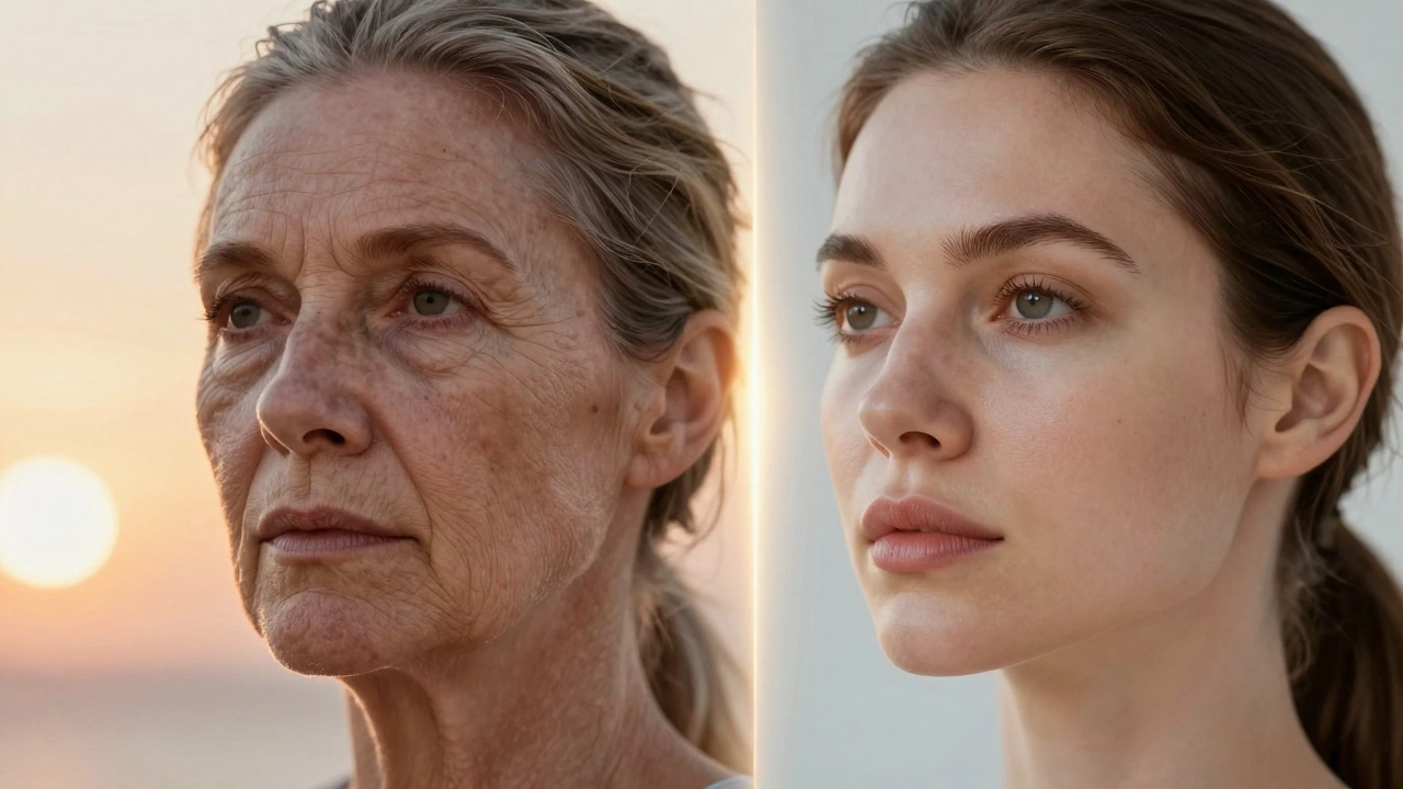 Сравнение стареющей кожи и восстановленной после процедур с помощью света и текстур.
