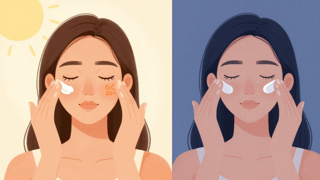 Утренний и вечерний уход за кожей: солнцезащитный крем и сыворотки против пигментации.