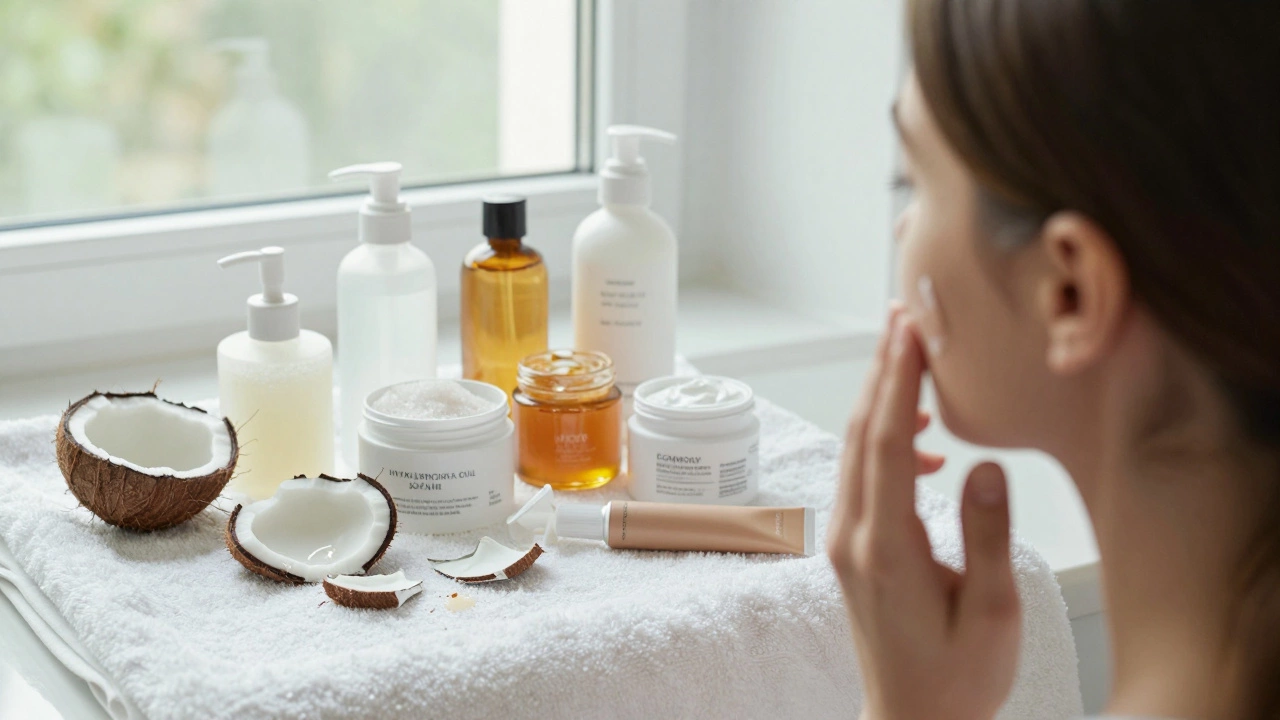 Женщина наносит легкий увлажняющий гель, в фоне — отброшенные вредные средства.