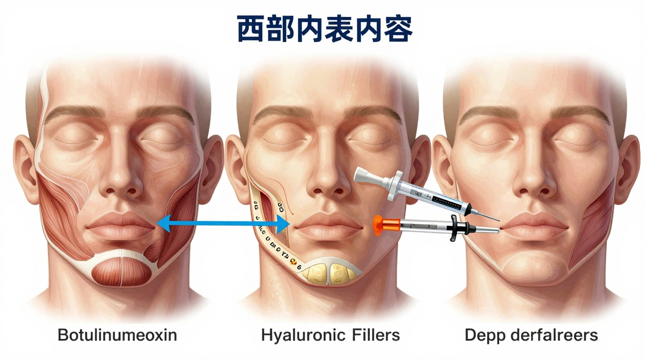 Анатомическая схема лица с инъекциями ботокса, наполнителей и ультразвукового воздействия для подтяжки кожи.