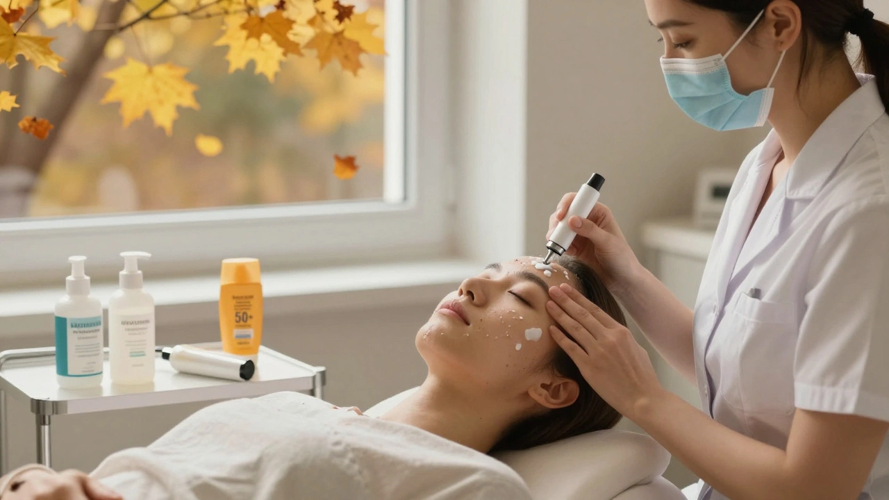 Дерматолог наносит химический пилинг пациентке осенью, на столе кремы и солнцезащитный крем, за окном золотые листья.