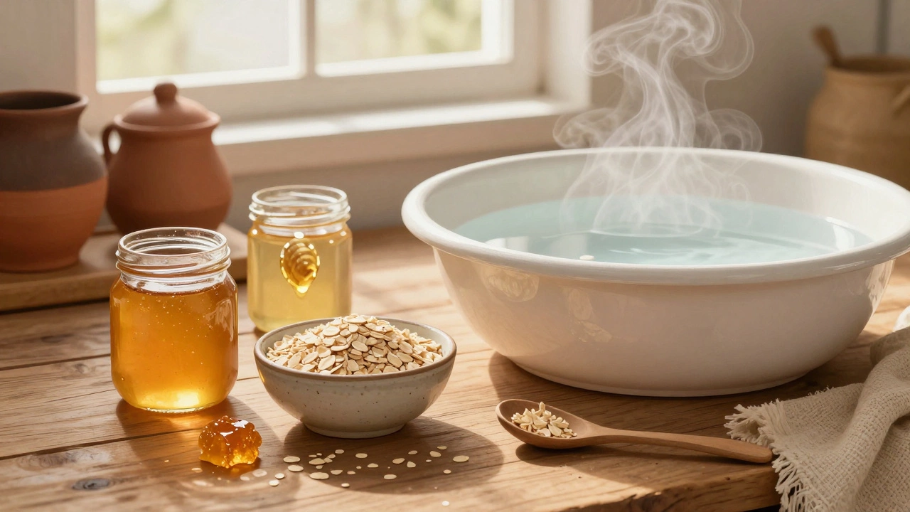 Домашняя маска из мёда и овсянки на деревянном столе с натуральными ингредиентами.