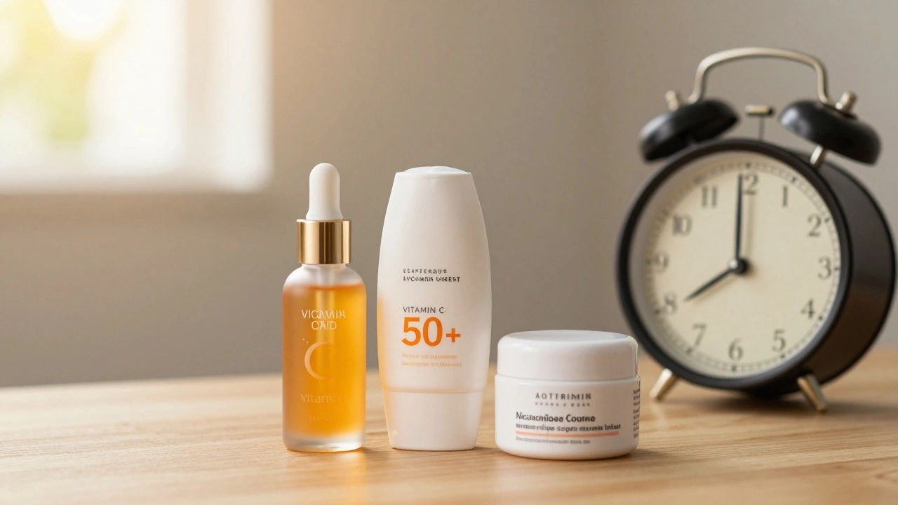 Ежедневный уход за кожей: сыворотка с витамином С, SPF и кремы с ниацинамидом и ретиноидом на фоне времени.
