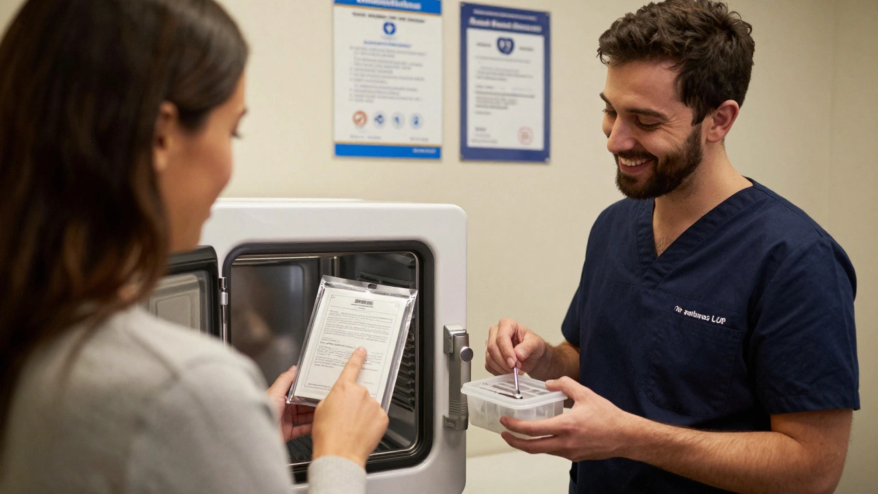 Клиент проверяет стерильность инструментов у косметолога в лицензированной клинике.