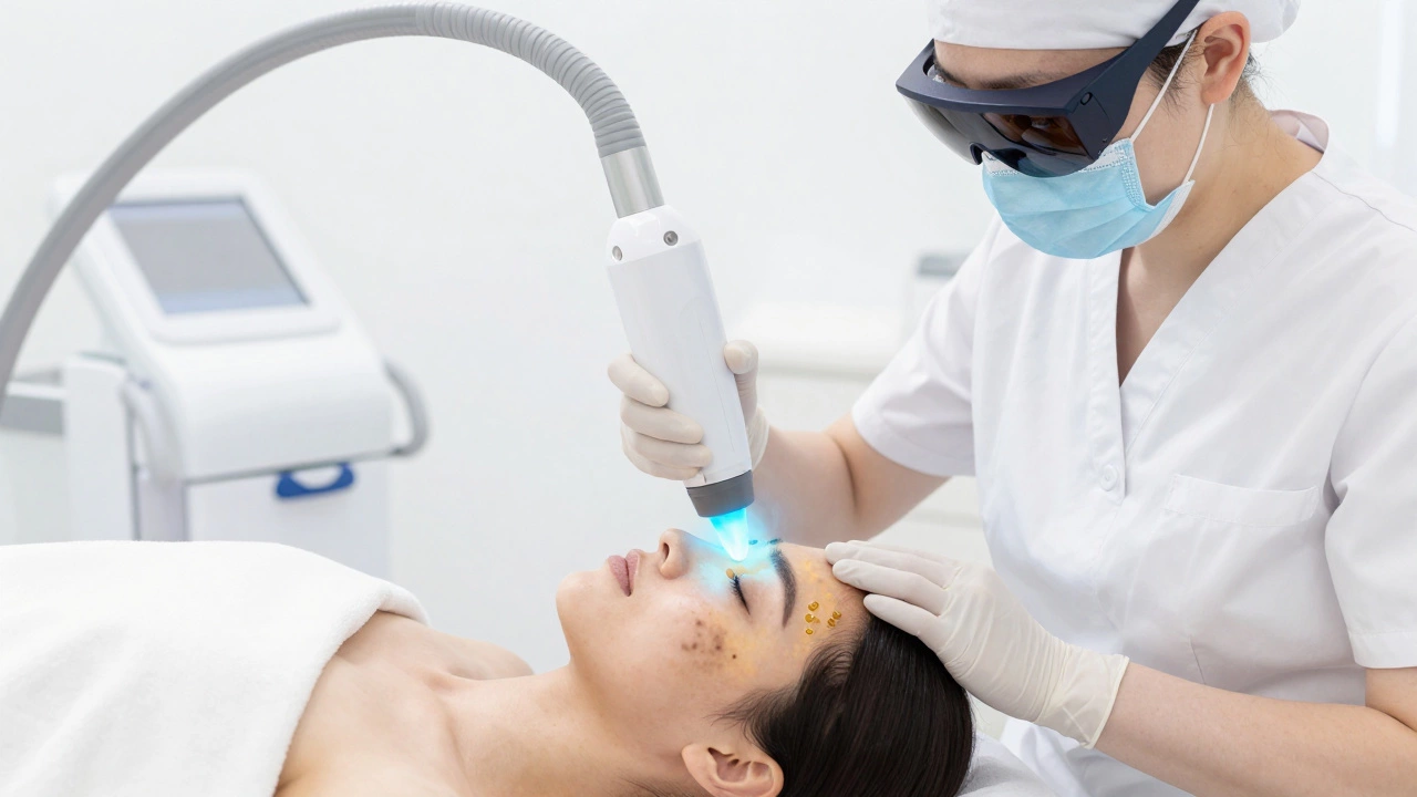 Лазерная процедура устранения пигментации: луч света воздействует на темные пятна на коже.