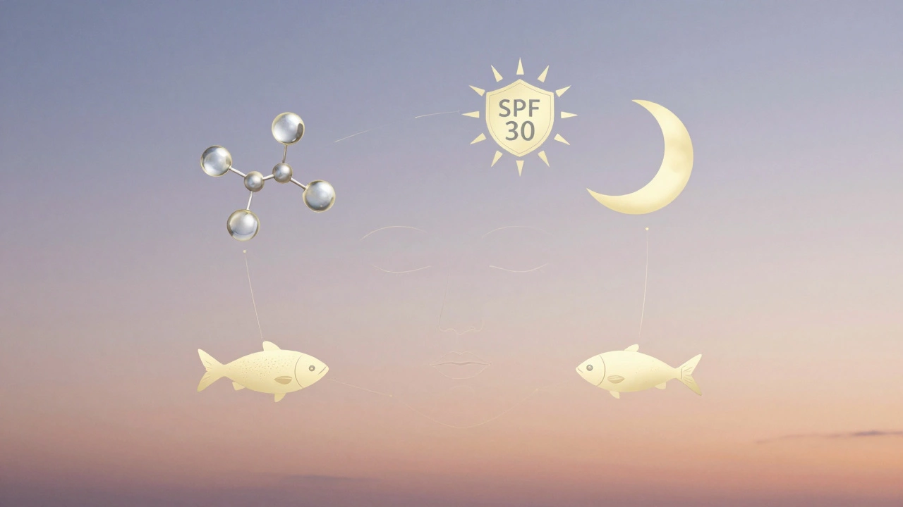 Лицо окружено символами ухода: увлажнение, солнце, сон, рыба и дыхание, в мягком светлом стиле.