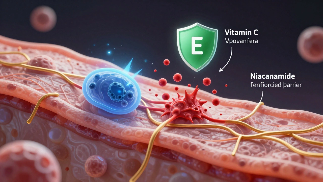 Микроскопическое изображение кожи: коллаген, витамин Е и ниацинамид защищают клетки от свободных радикалов.