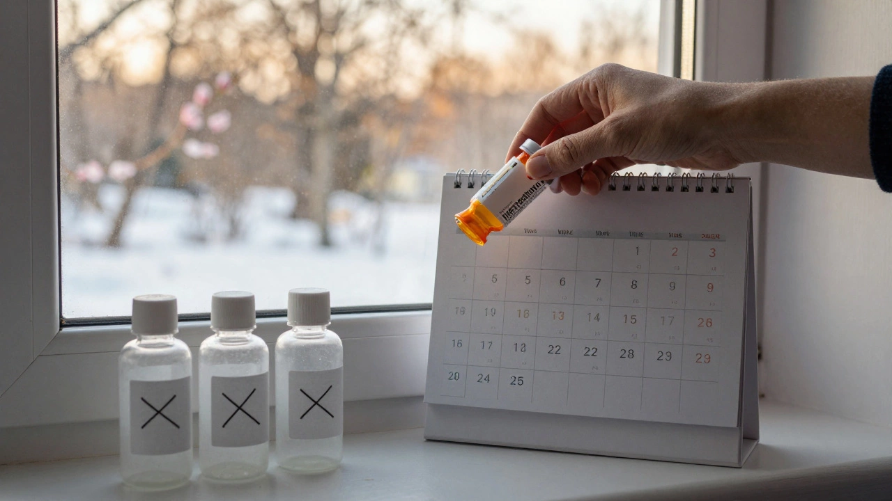 На подоконнике — таблетки изотретиноина и календарь с отмеченными неделями, за окном — смена сезонов.