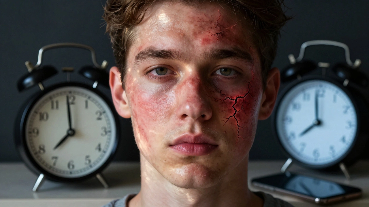 Половина лица здоровая и сияющая, другая — воспалённая и треснувшая, рядом часы и телефон.