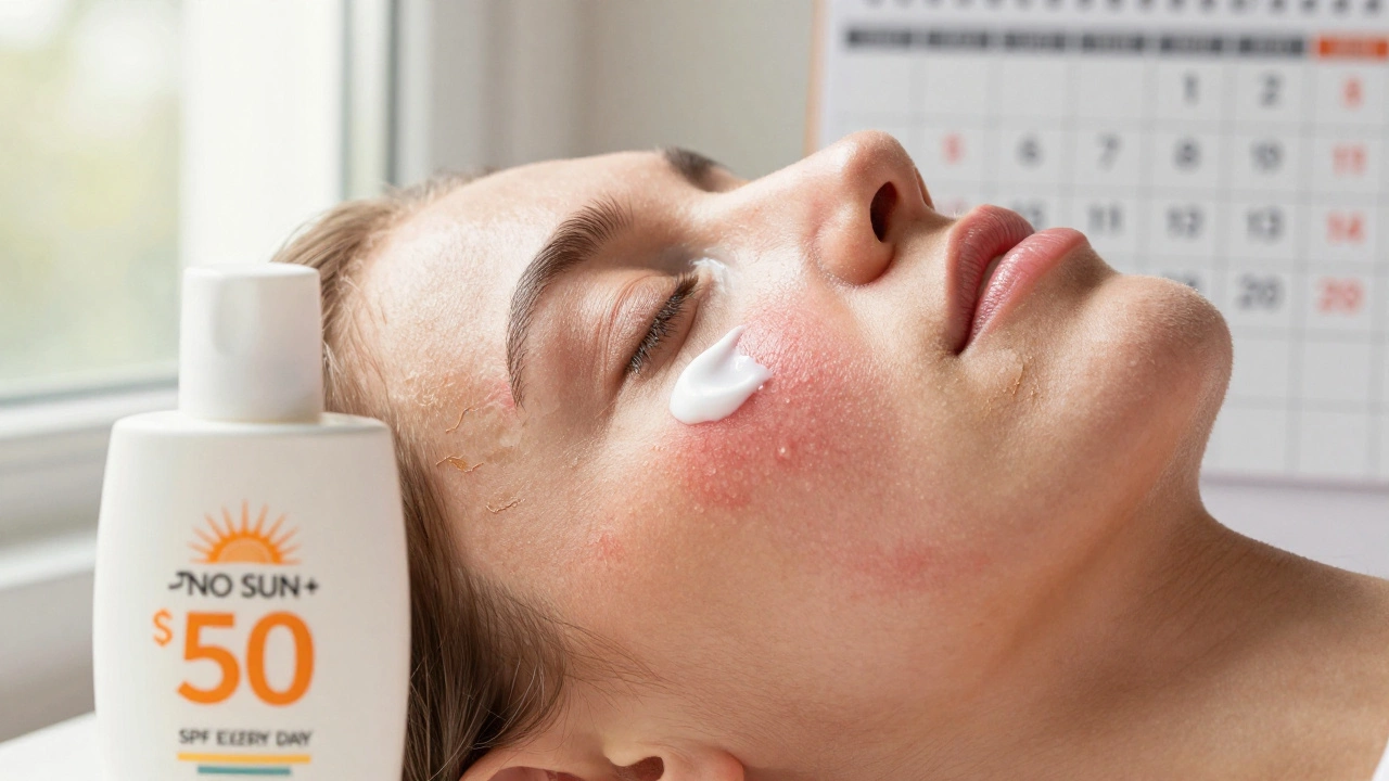 После лазерной процедуры: кожа с легким шелушением, на переднем плане крем с церамидами и солнцезащитный крем SPF 50+.