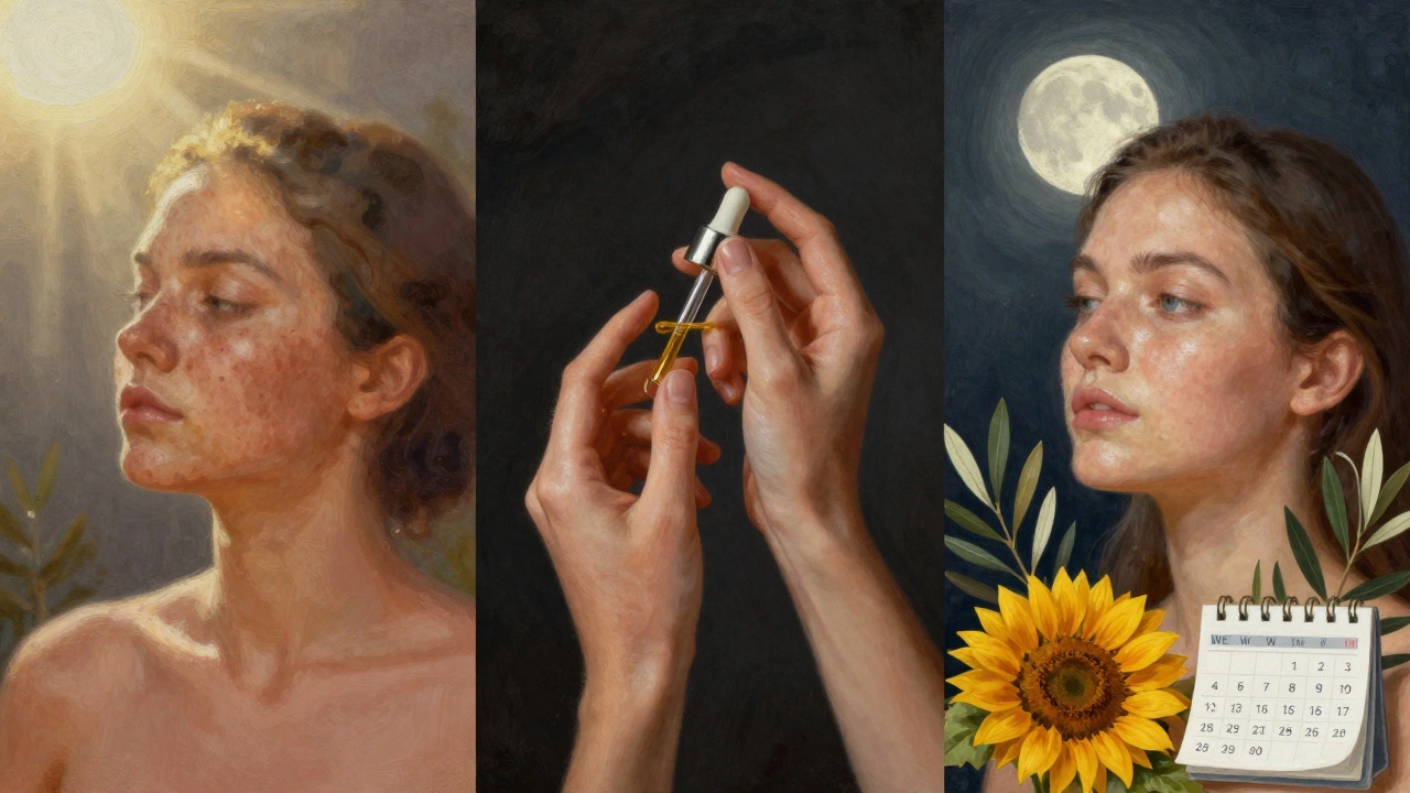 Последовательность восстановления кожи: от тёмных пятен к светлой, здоровой коже с символами ухода и времени.