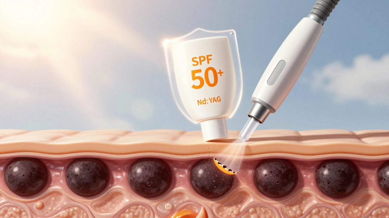 Разрез кожи, поражённой пигментацией, под воздействием лазерного света с защитой от УФ-лучей.