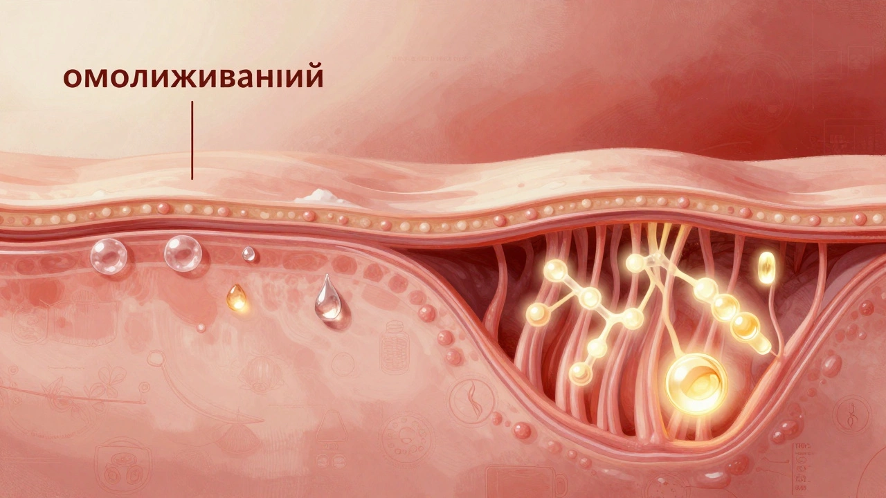 Схема кожи: поверхностное увлажнение слева и глубокое восстановление коллагена справа.