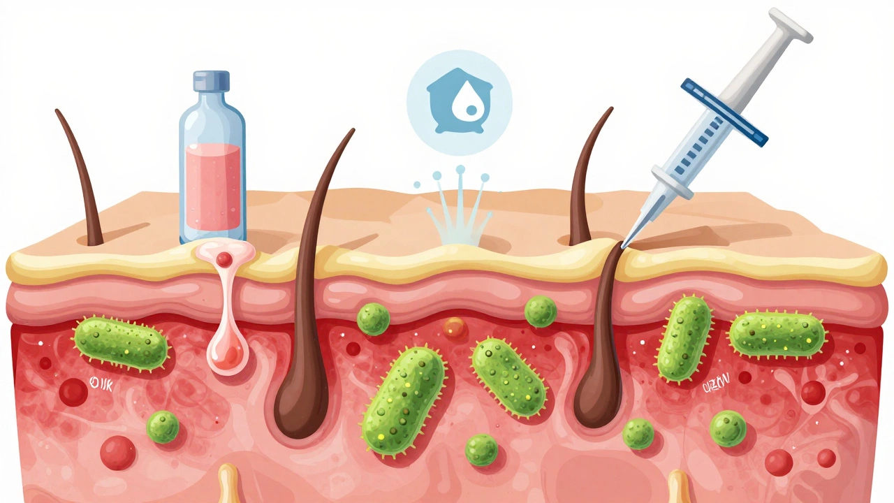 Схема кожи с акне: забитые поры, бактерии и воздействие процедур.