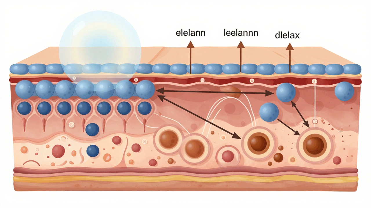 Схема кожи с активными меланоцитами, вырабатывающими меланин под воздействием УФ, гормонов и воспаления.