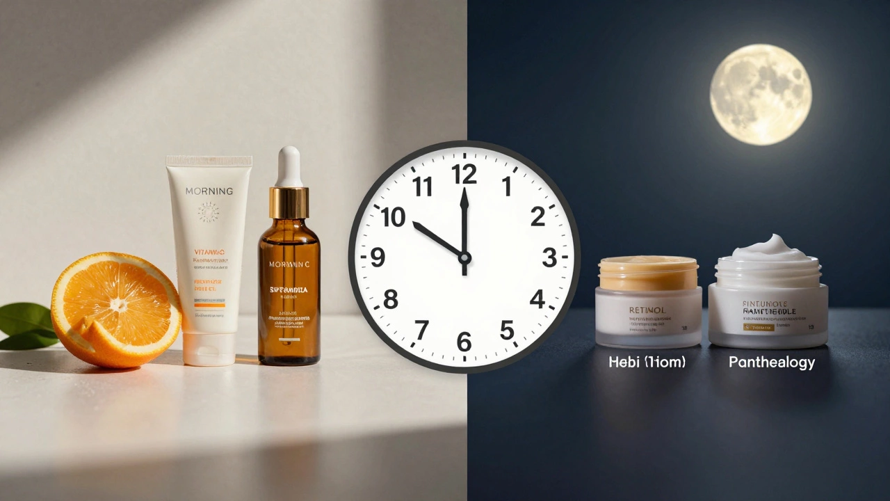 Схема ухода: утро с витамином С и SPF, вечер с ретинолом и пантенолом, кожа становится сияющей.