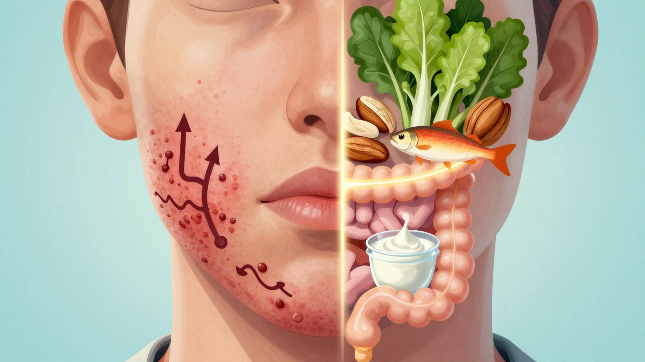 Схематичное изображение: одна половина лица с гормональными прыщами, другая — с питательными продуктами, соединёнными осью кишечник-кожа.