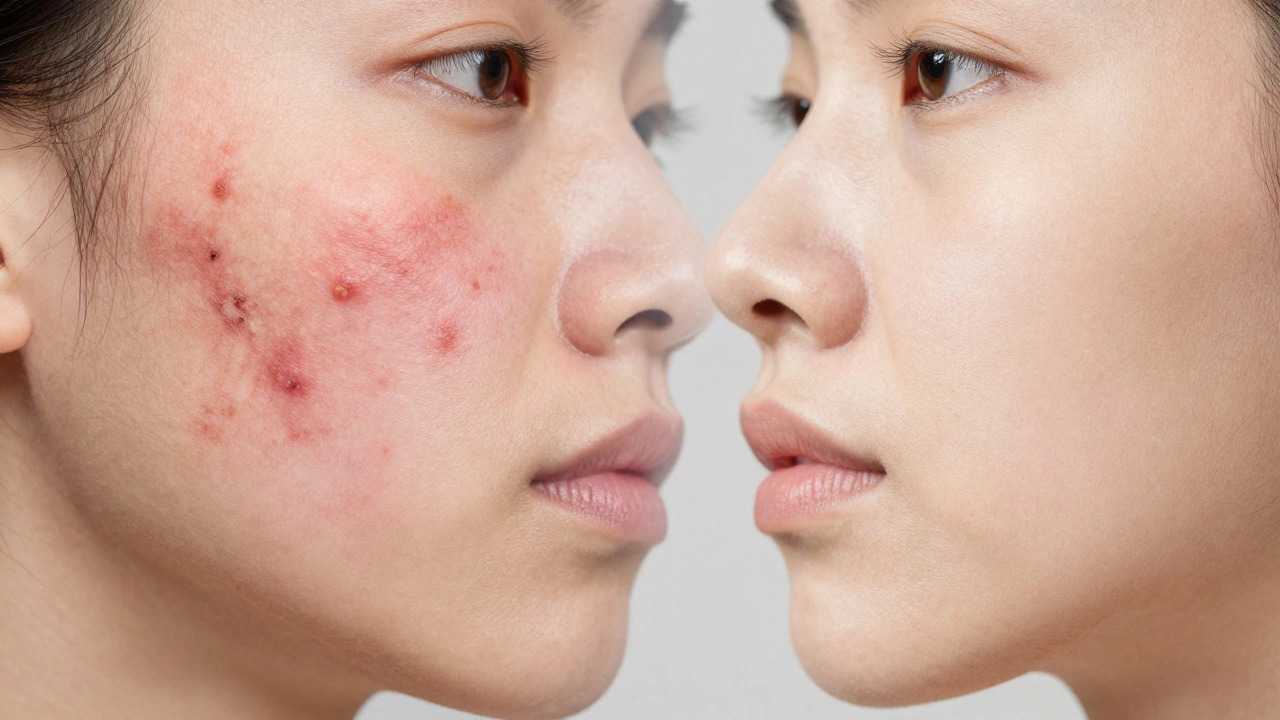 Сравнение кожи до и после лечения акне — от воспалений к чистой коже.