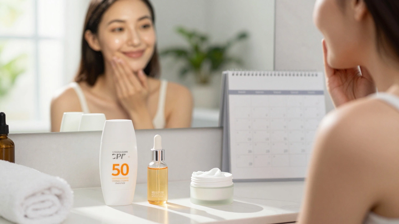 Утренний уход за кожей после лечения: сыворотка, крем и солнцезащитный крем на фоне чистой кожи.