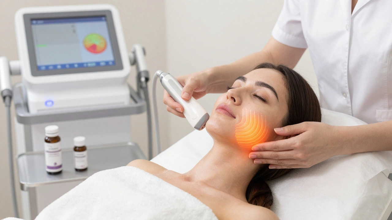 Женщина на процедуре радиочастотной подтяжки, видны тепловые волны, улучшающие коллаген, на столе — порошок коллагена.