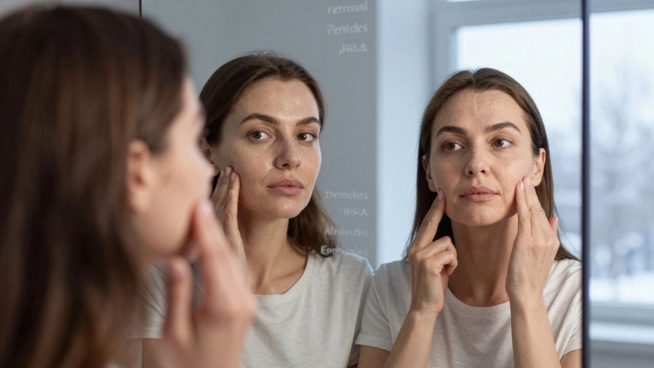 Женщина в зеркале показывает потерю упругости кожи, за ней — отражение её молодости и составы активных веществ.