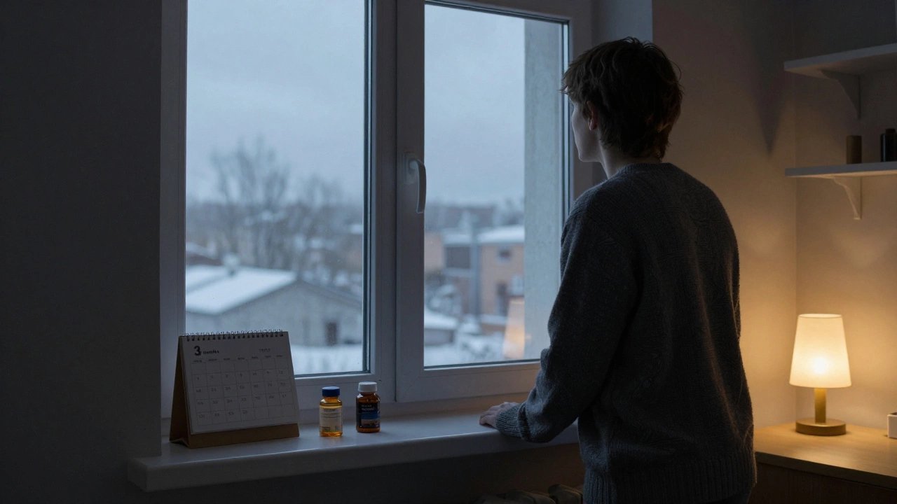 Человек смотрит в окно зимнего города, на подоконнике — добавки витамина Д и магния.