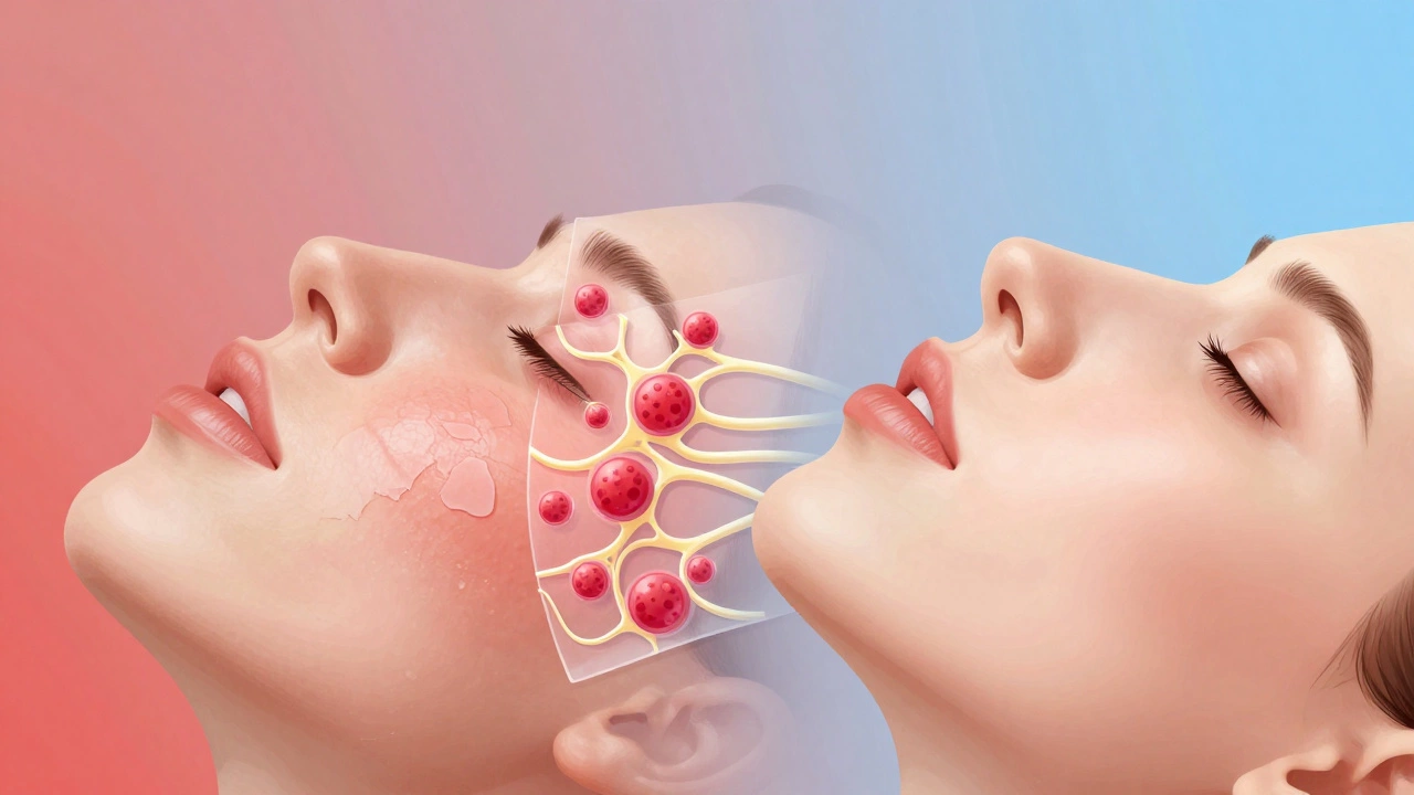 Детализированное изображение заживающей кожи после лазера: с одной стороны — поврежденная, с другой — восстановленная.