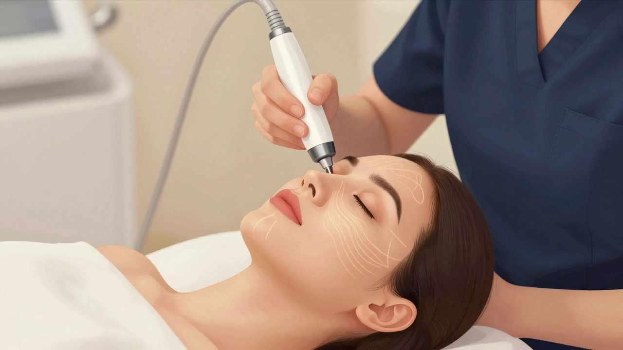 Эстетист применяет микротоковую терапию для подтяжки лица, мягкий свет подчеркивает безопасность процедуры.